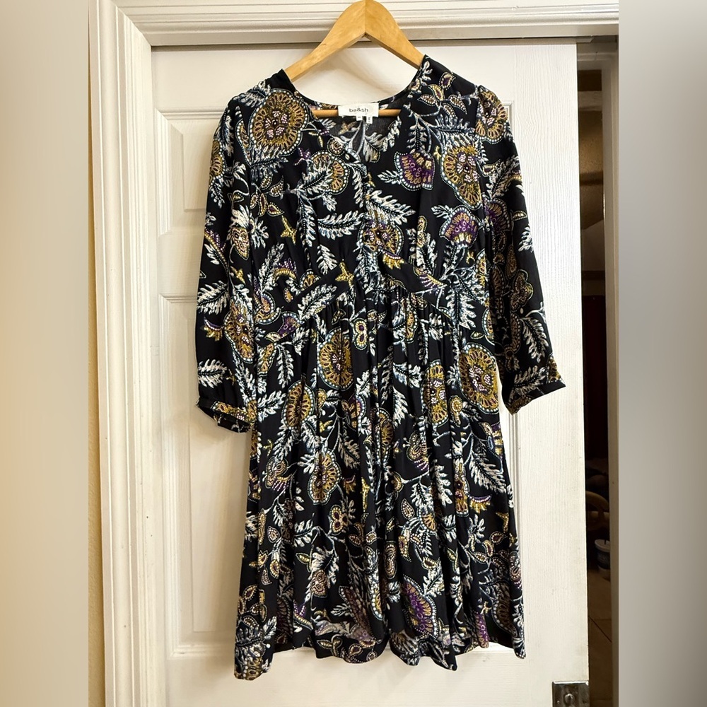 ba&sh Black Dress with Gold and Purple Floral Design